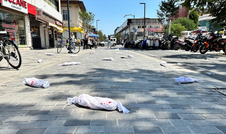 Düzce’de, İsrail’in saldırılarında ölen çocuklar ”kanlı kefenli bebek” eylemi düzenlendi