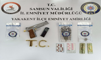 Yakakent’te tabanca, mühimmat ve uyuşturucu madde ele geçirildi